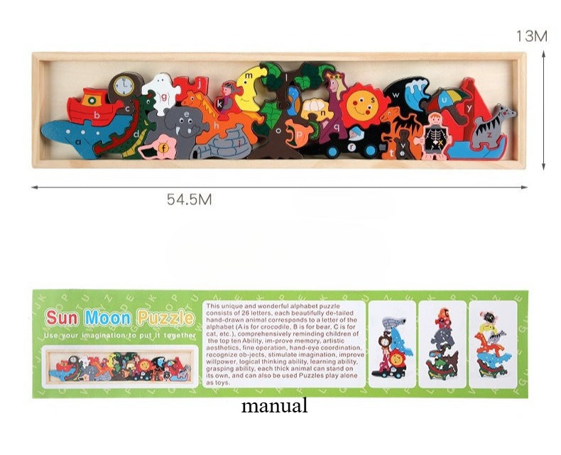Wooden alphabet puzzle with colorful letters and a packaging box displaying illustrations and text.