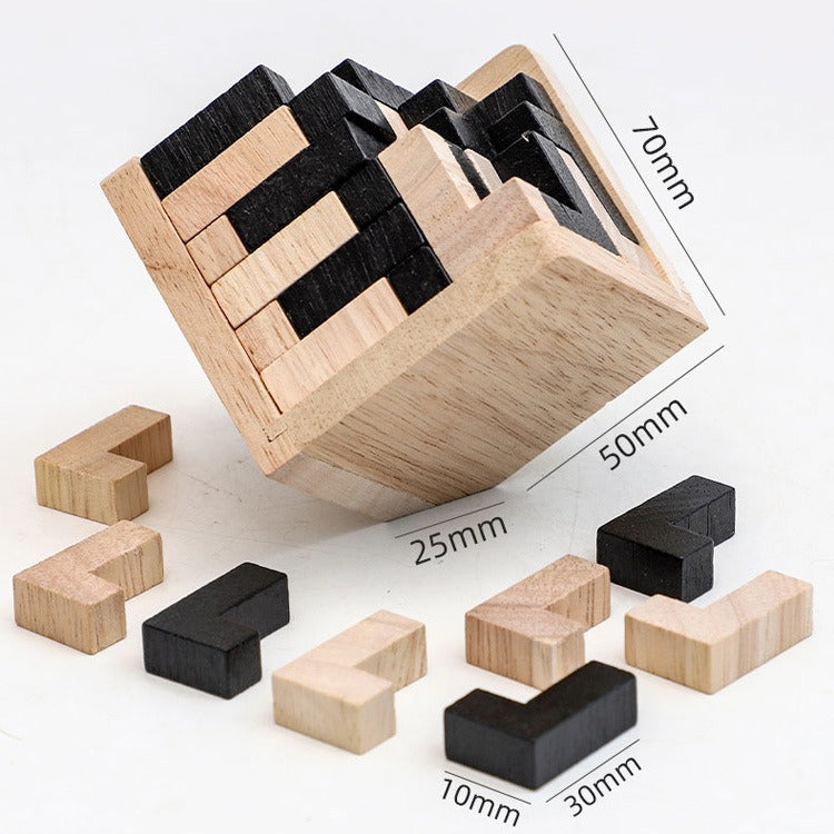 Wooden geometric building blocks with measurements on a white background