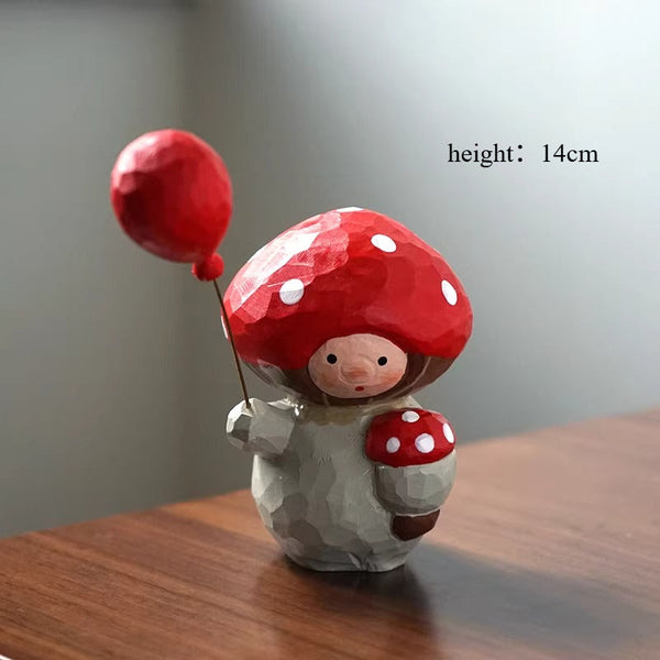 Hand-Carved Wooden Mushroom Doll with Red Balloon FantastiKurios