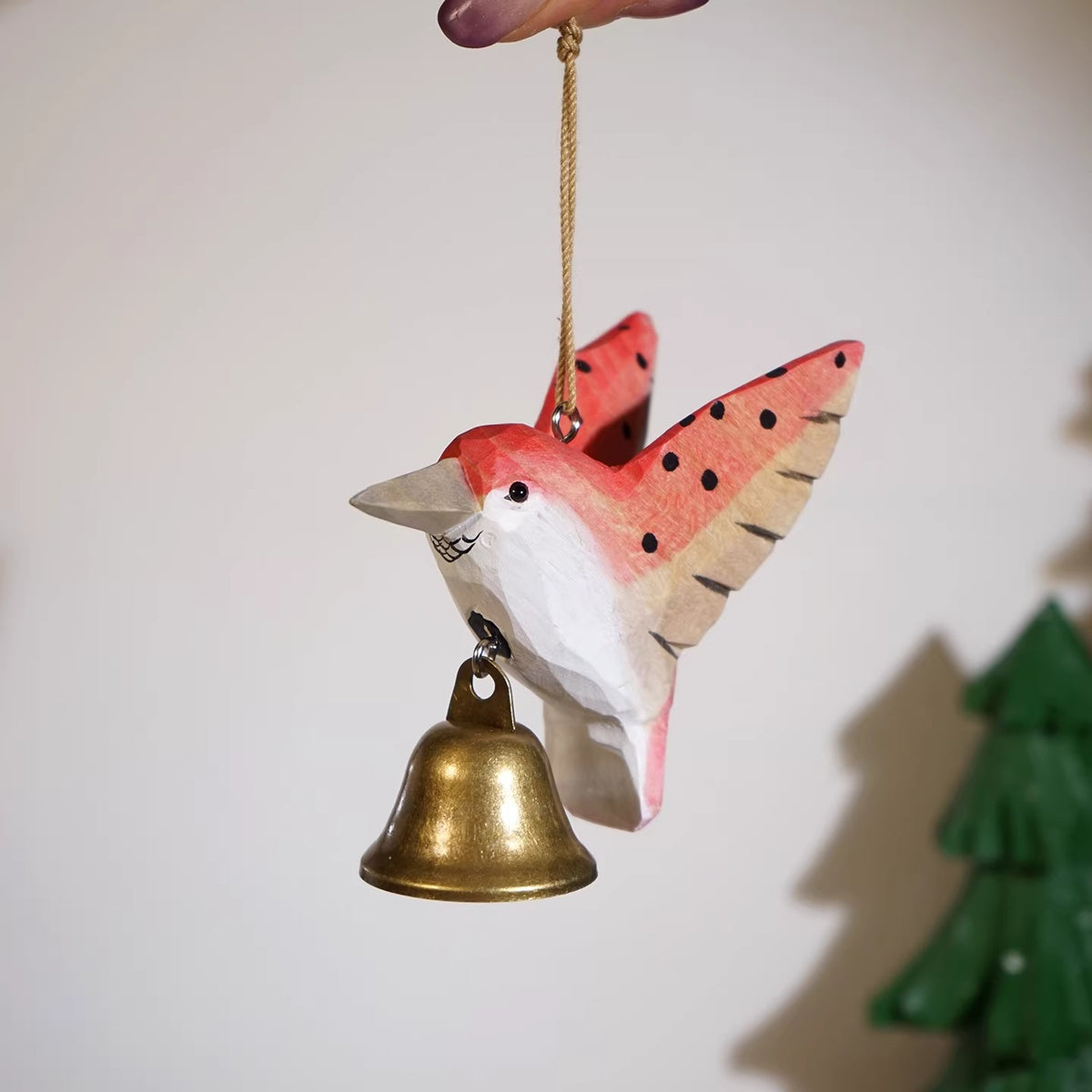 Hand-Carved Wooden Hummingbird Bell Ornament