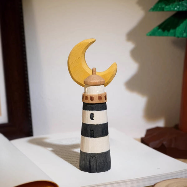 Hand-Carved Wooden Moon Lighthouse Desktop Ornament FantastiKurios
