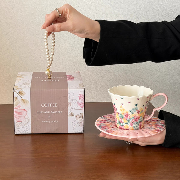 Floral Ceramic Coffee Cup and Saucer Set
