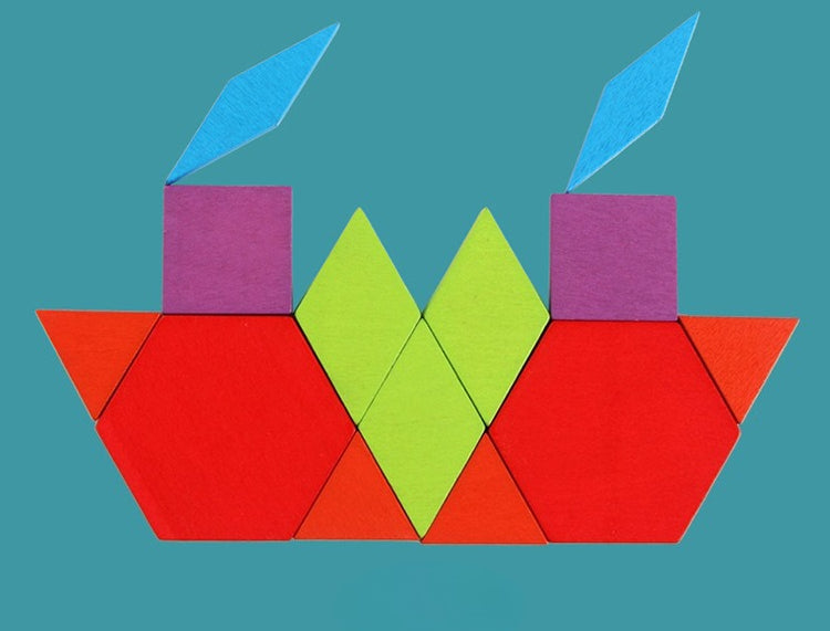 Colorful geometric shapes arranged to form various objects on a teal background