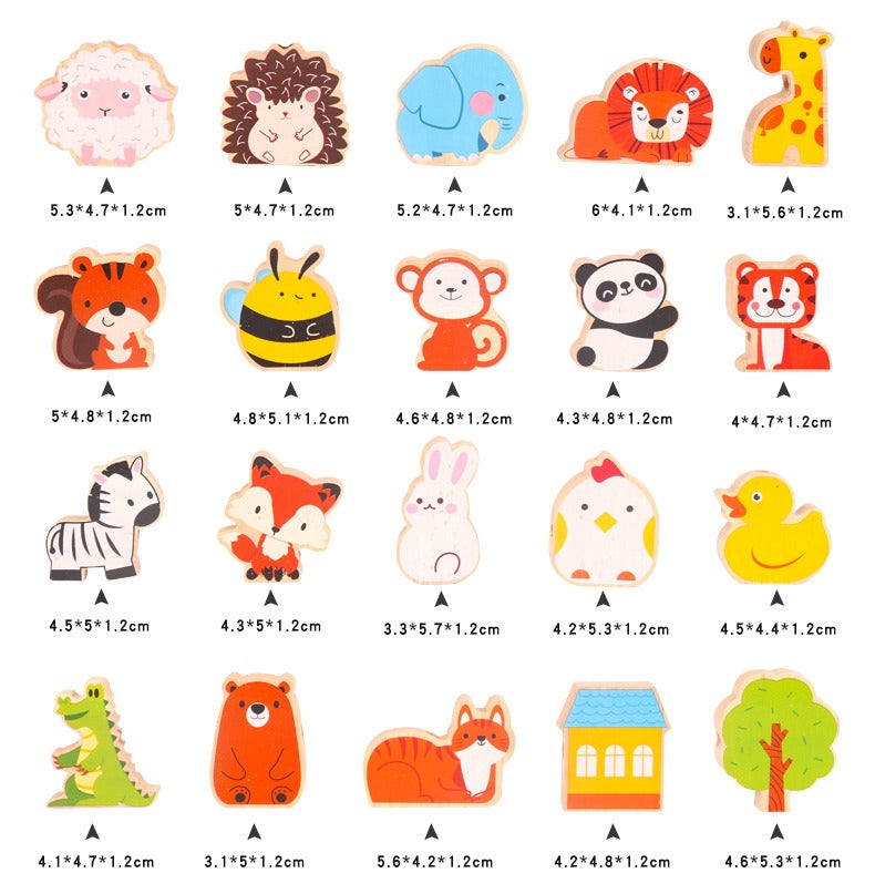 Collection of animal-shaped wooden toys with dimensions on a white background