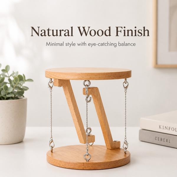 Wooden balance scale on a white surface with text 'Natural Wood Finish' and 'Minimal style with eye-catching balance'.