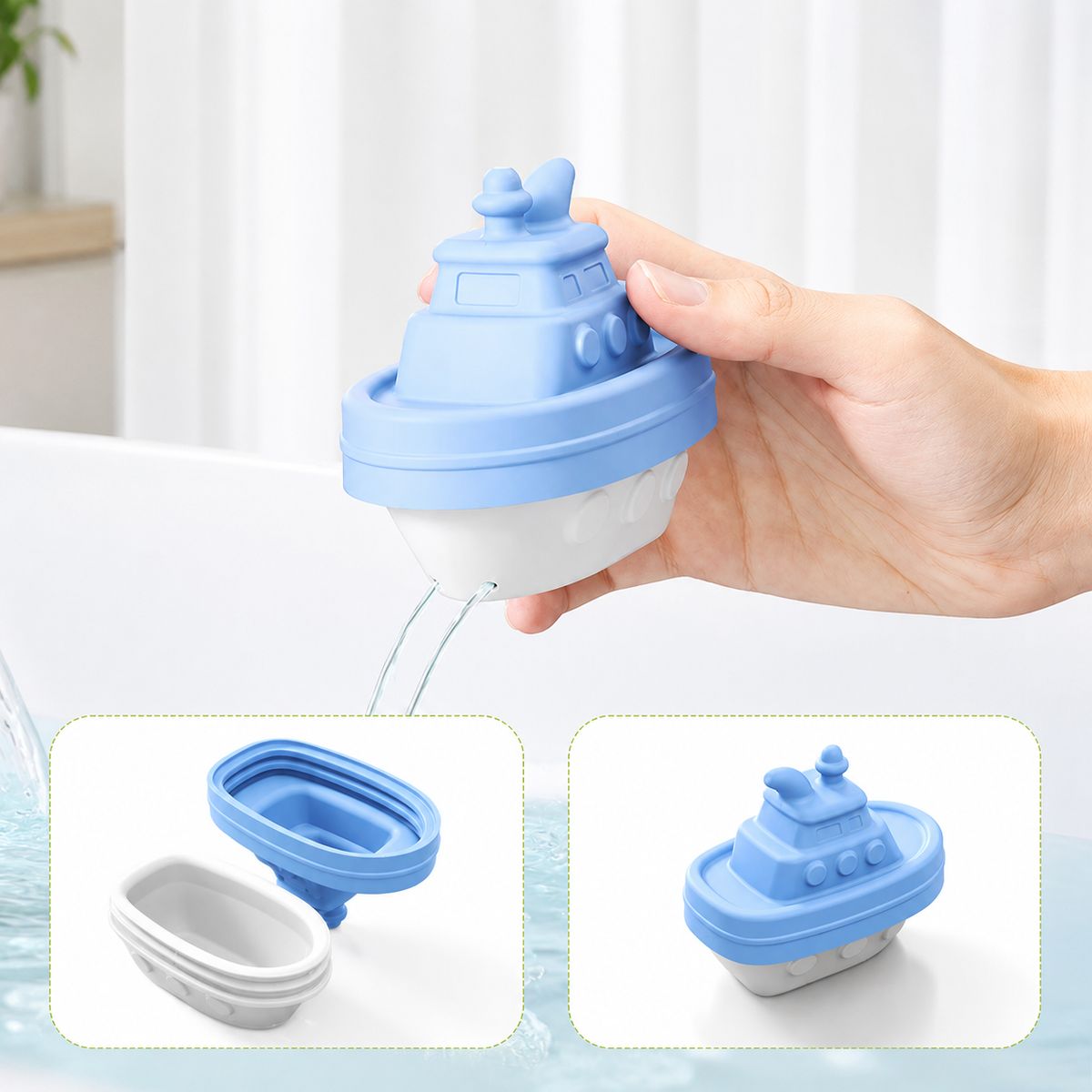 Hand holding a blue and white silicone boat-shaped container with additional images of the container on a light background.