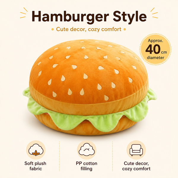 Hamburger-shaped cushion with text on a white background