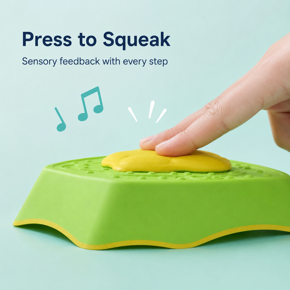 Green and yellow step stool with a yellow button labeled 'Press to Squeak' on a light blue background.