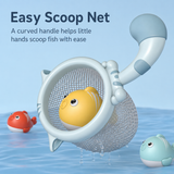 Bath toy with 'Easy Scoop Net' and text about a curved handle, set against a blue water background.