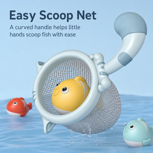 Bath toy with 'Easy Scoop Net' and text about a curved handle, set against a blue water background.