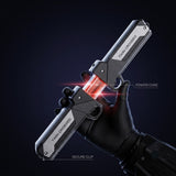 Futuristic knife with glowing power core held by a gloved hand against a dark background