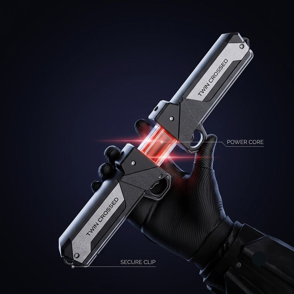 Futuristic knife with glowing power core held by a gloved hand against a dark background