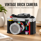 Vintage brick camera model on a wooden surface with text 'Vintage Brick Camera' and 'Capture the Moment, Keep Memories Forever'.