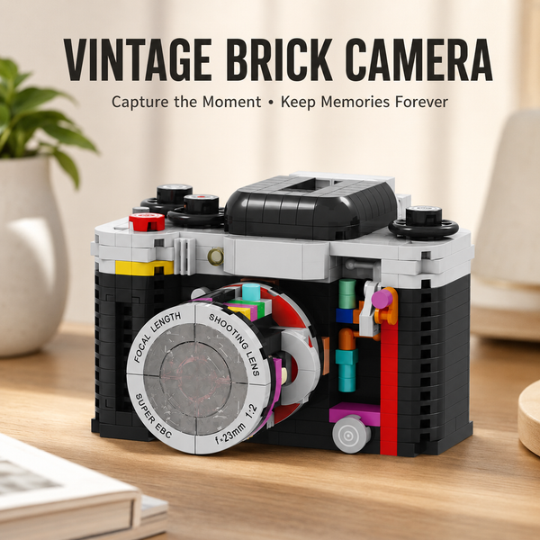 Vintage brick camera model on a wooden surface with text 'Vintage Brick Camera' and 'Capture the Moment, Keep Memories Forever'.