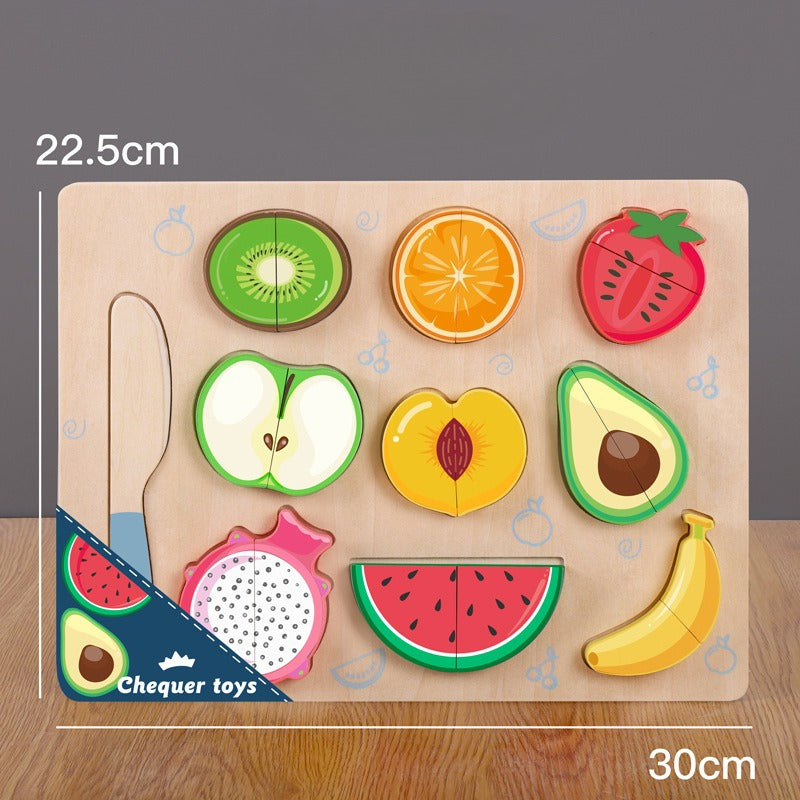 Wooden puzzle with fruit shapes on a wooden board, measuring 22.5cm x 30cm, brand 'Chequer toys'.