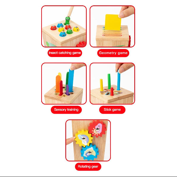 Wooden educational toy with various game options on a white background