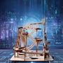 Wooden mechanical model on a futuristic cityscape background