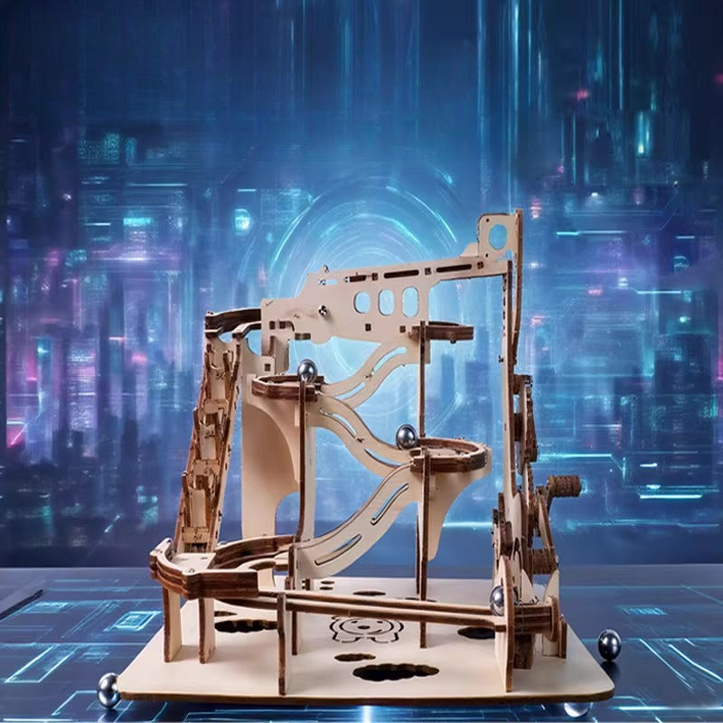 Wooden mechanical model on a futuristic cityscape background