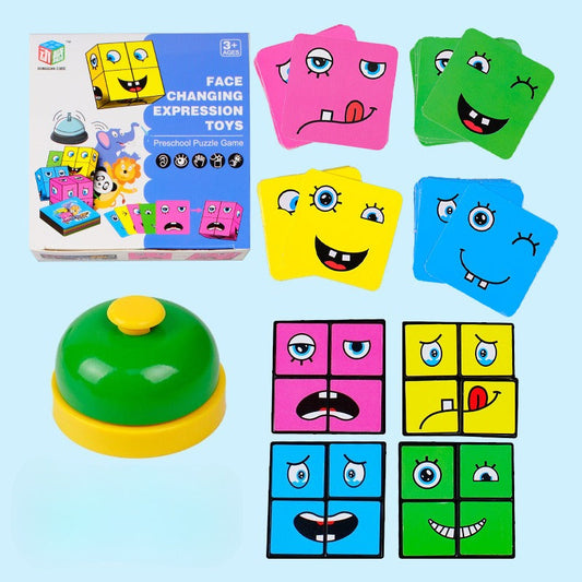 Face-changing expression toys with packaging on a light blue background