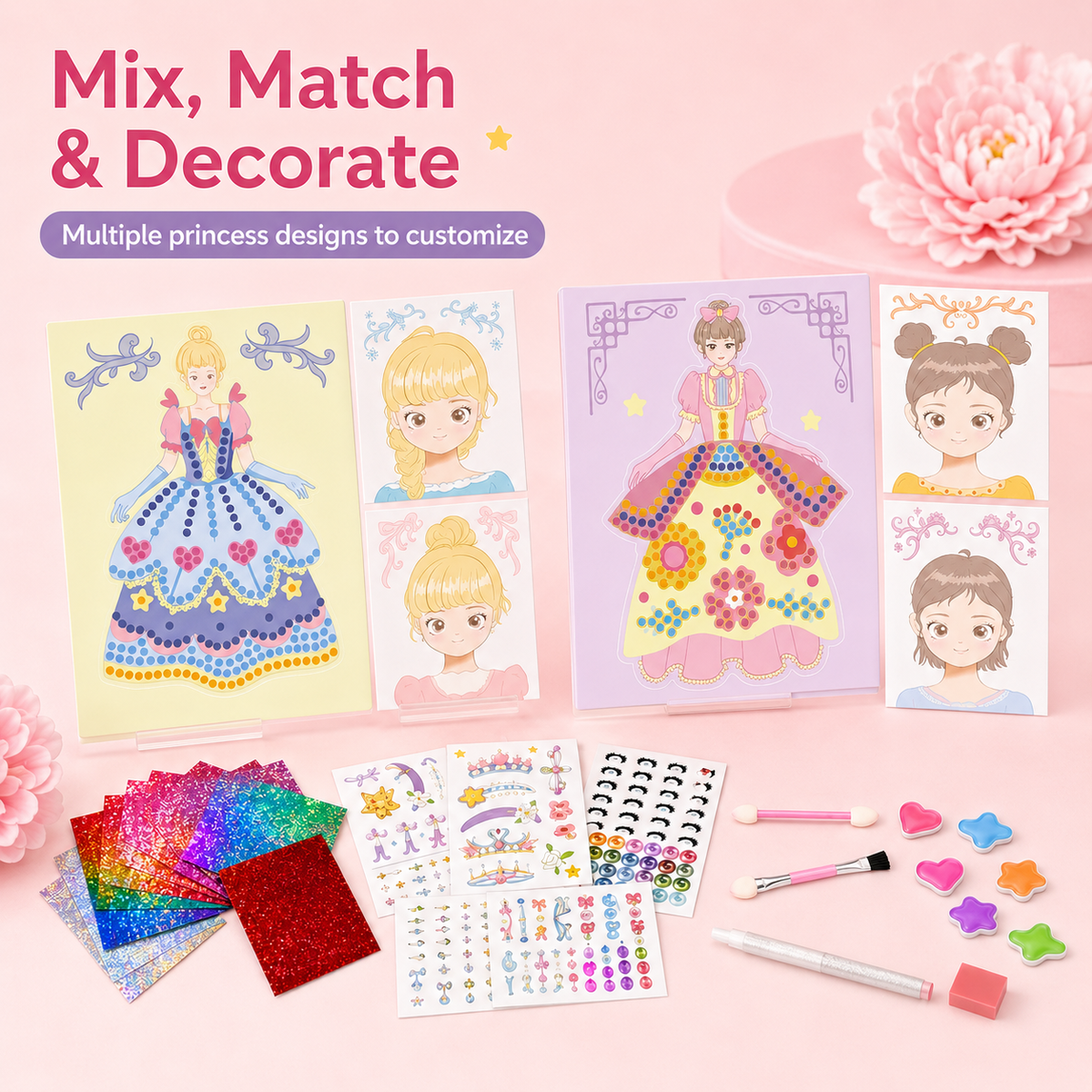 Decorative stickers with princess designs and customization tools on a pink background