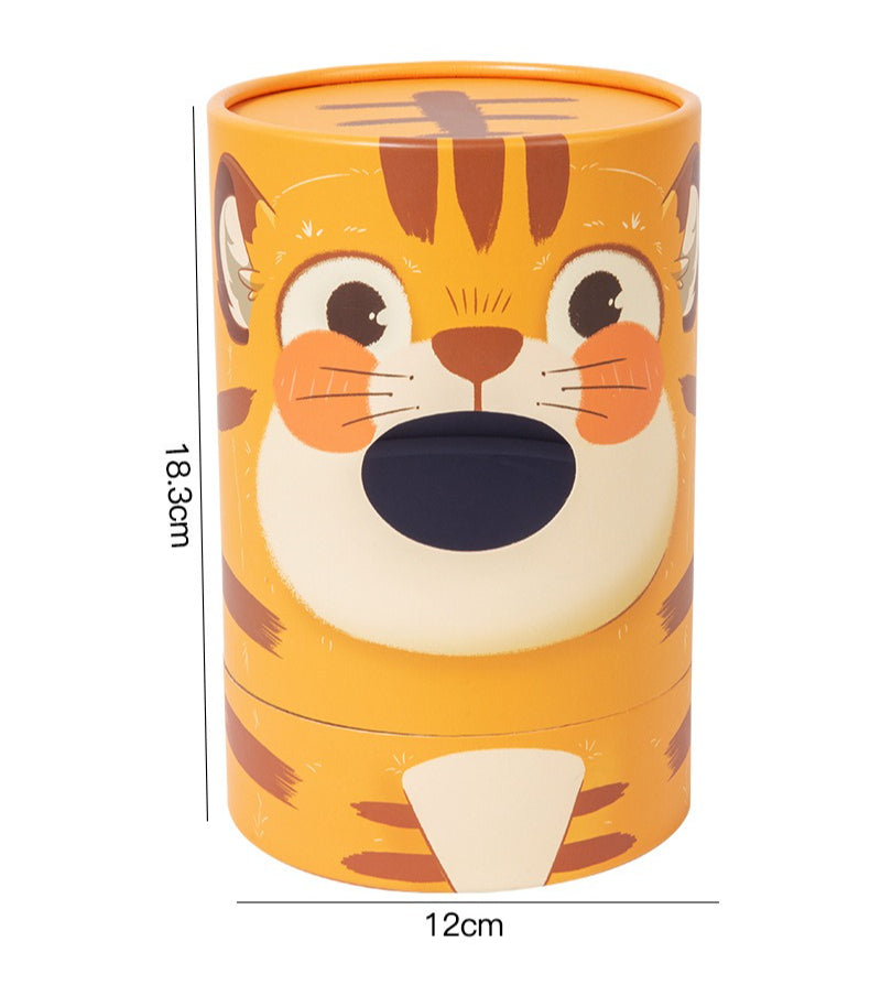 Cylindrical container with a tiger design and measurements on a white background