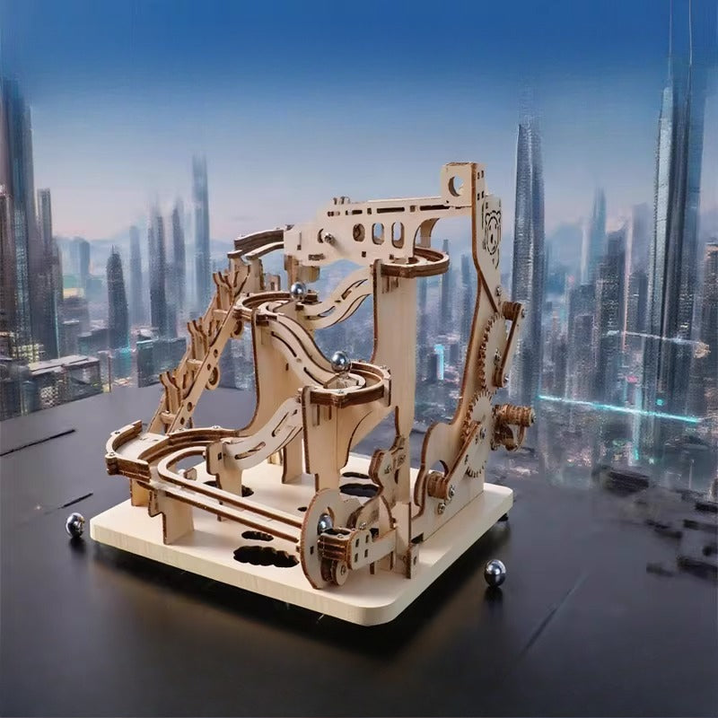 Wooden mechanical model on a reflective surface with a cityscape background