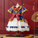 Close-up of assembled micro-block skirt section showing individual brick texture across ruffled tiers and ribbon bow accent