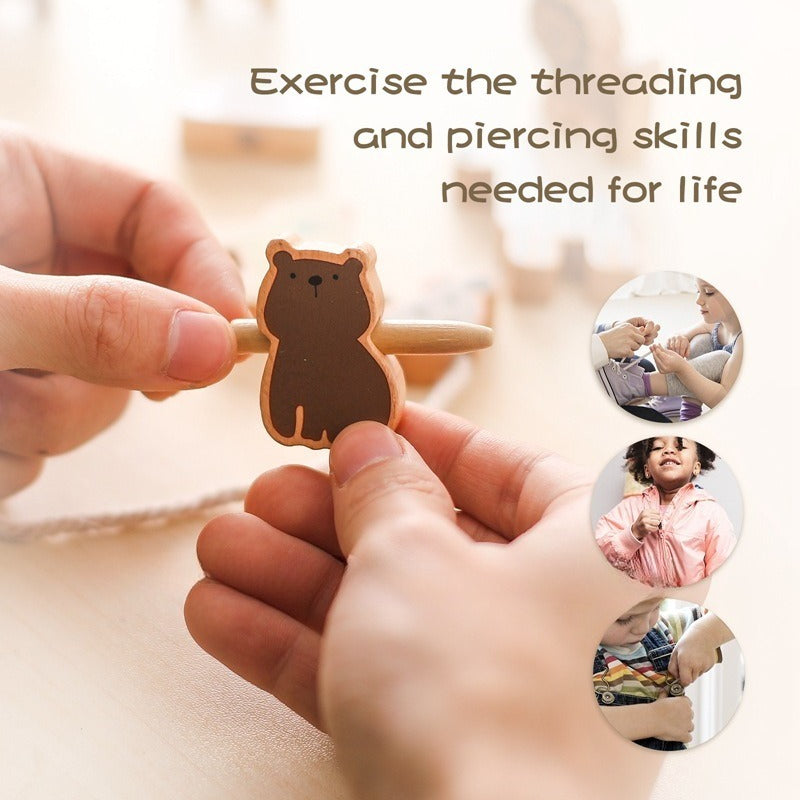 Natural Wood Threading and Stacking Toy Set