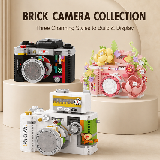Brick camera collection with three different styles on a beige background