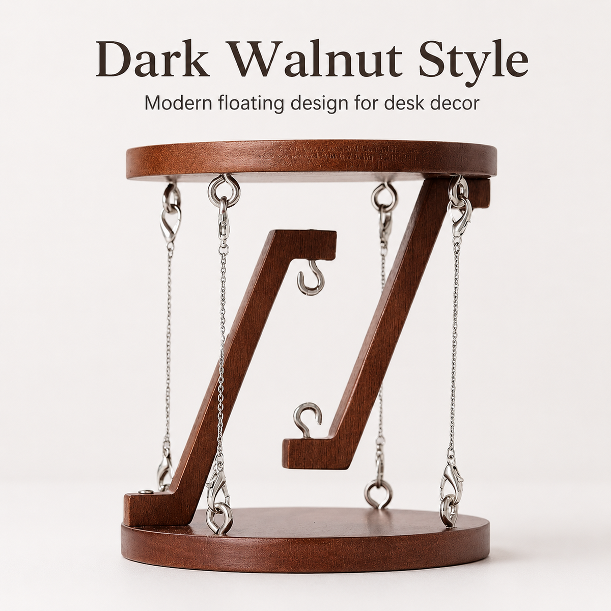 Dark walnut style decorative item with chains on a white background