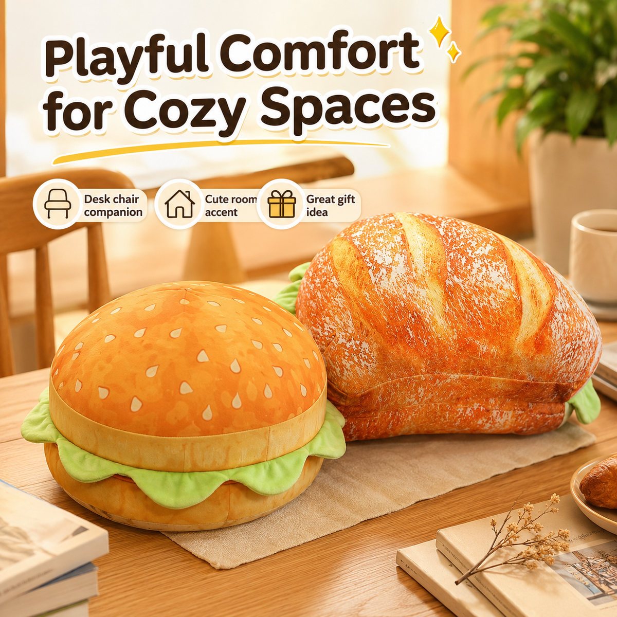 Two plush toys shaped like a hamburger and a croissant on a wooden surface with text 'Playful Comfort for Cozy Spaces'.