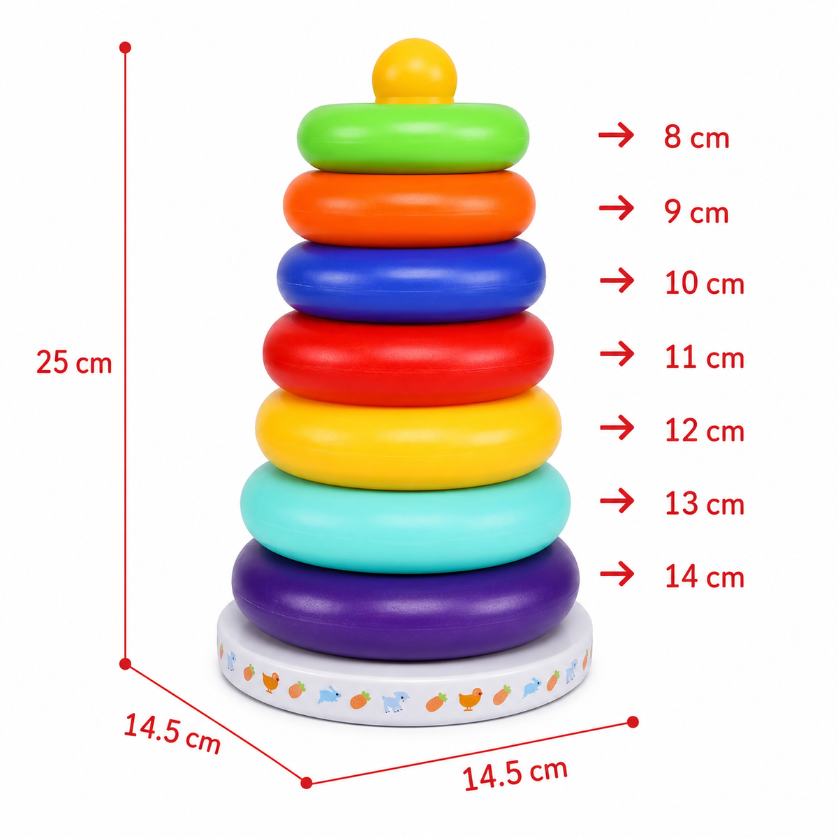 size details of rainbow stacking roly poly toy