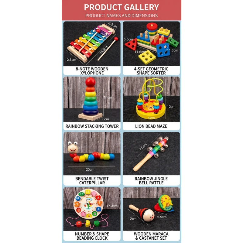 Product gallery with various wooden toys and their dimensions on a white background.
