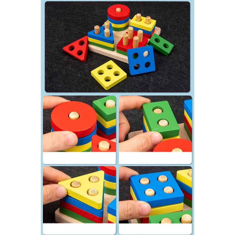 Collage of colorful wooden geometric shapes with hands interacting on a black background