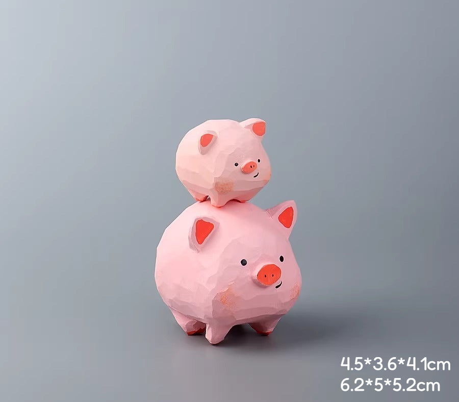 Hand-Carved Wooden Pig Figurine Set