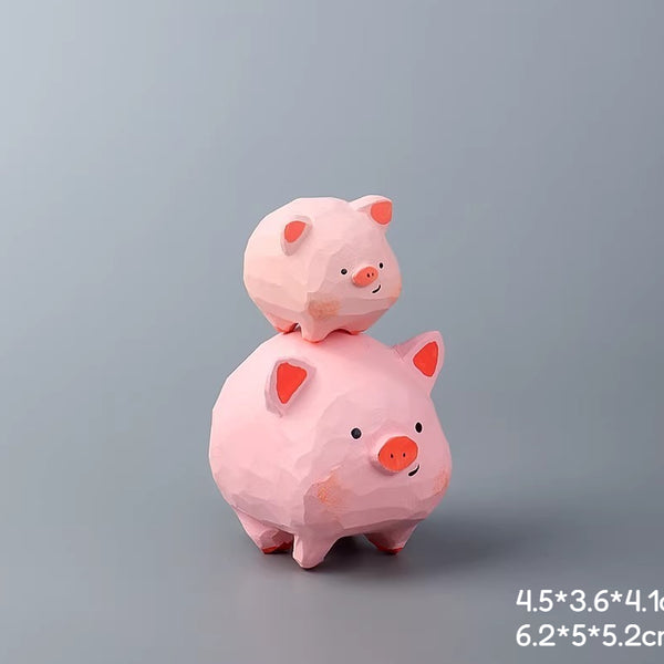 Hand-Carved Wooden Pig Figurine Set