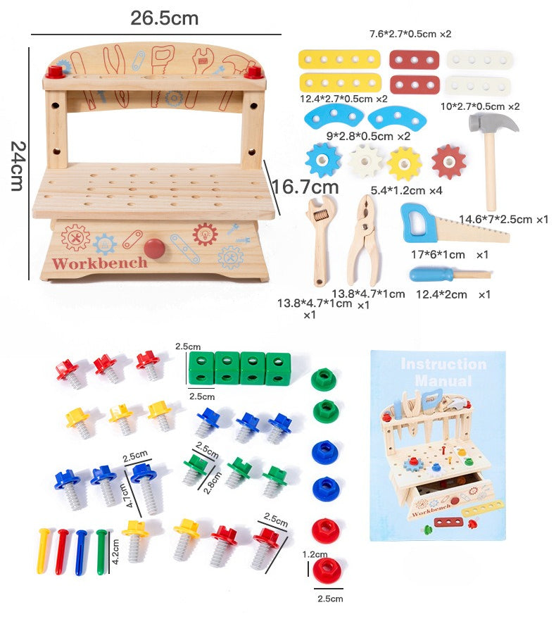 Wooden toy workbench set with tools and measurements on a white background