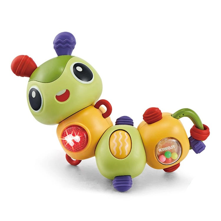 Colorful toy caterpillar with various textures and shapes on a white background