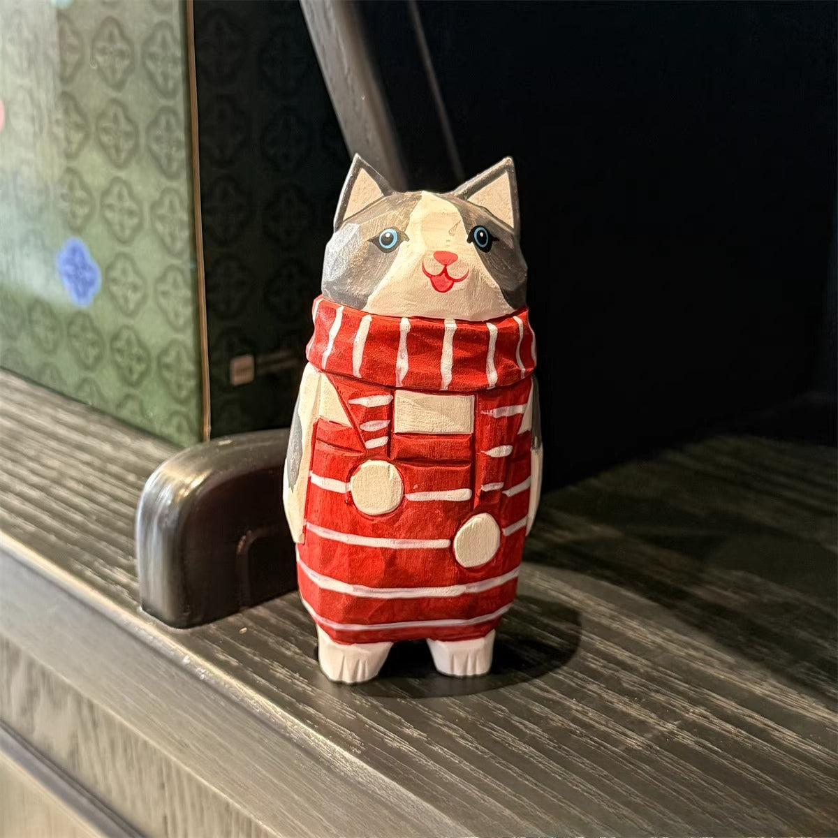 Hand-Carved Wooden Cat Desktop Ornament