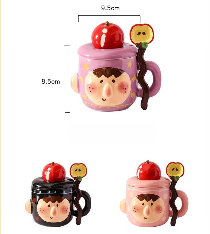 Ceramic Apple Face Mug with 3D Lid and Spoon Set