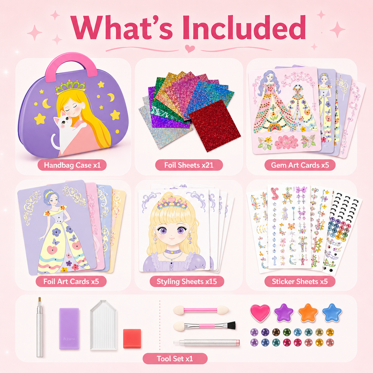 Product set with handbag case, foil sheets, gem art cards, and other accessories on a pink background.