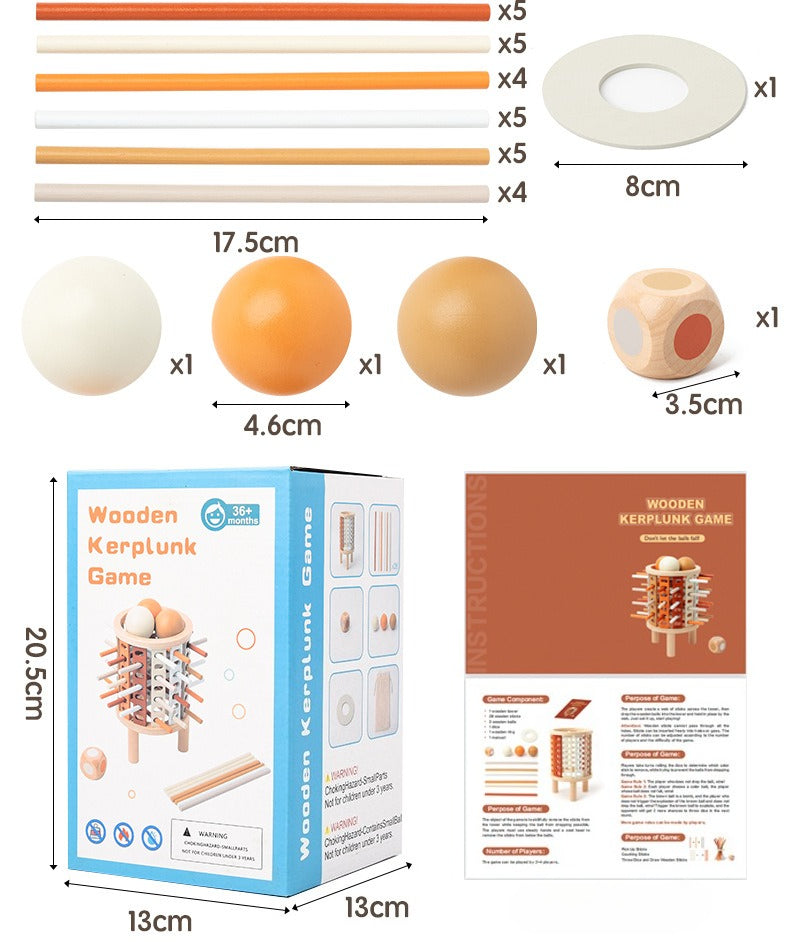 Wooden Kerplunk game components with measurements and packaging on a white background