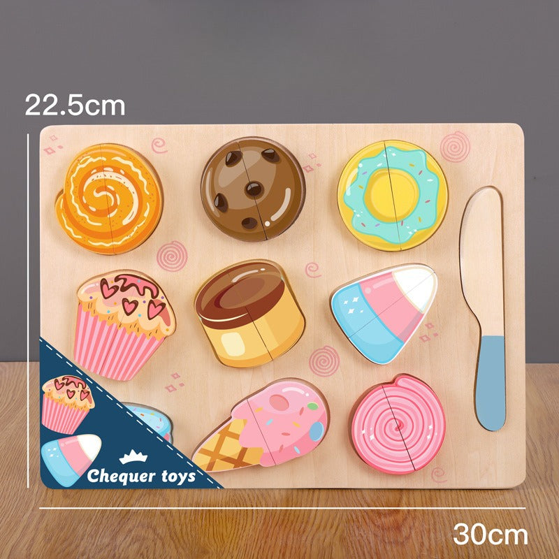 Wooden toy puzzle with colorful dessert shapes on a wooden base, brand 'Chequer toys' visible.