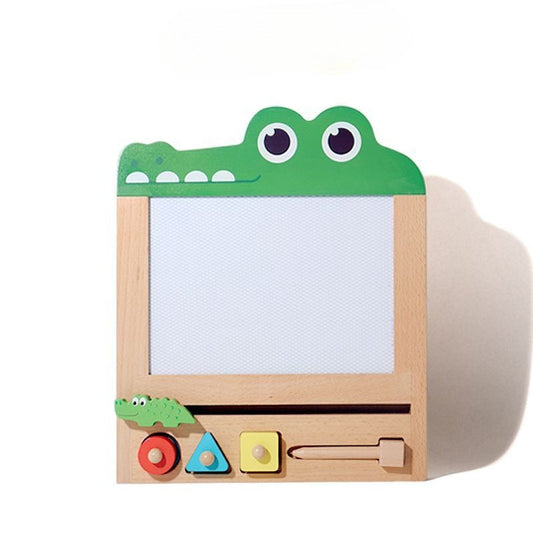 Wooden toy with a whiteboard and colorful buttons on a white background