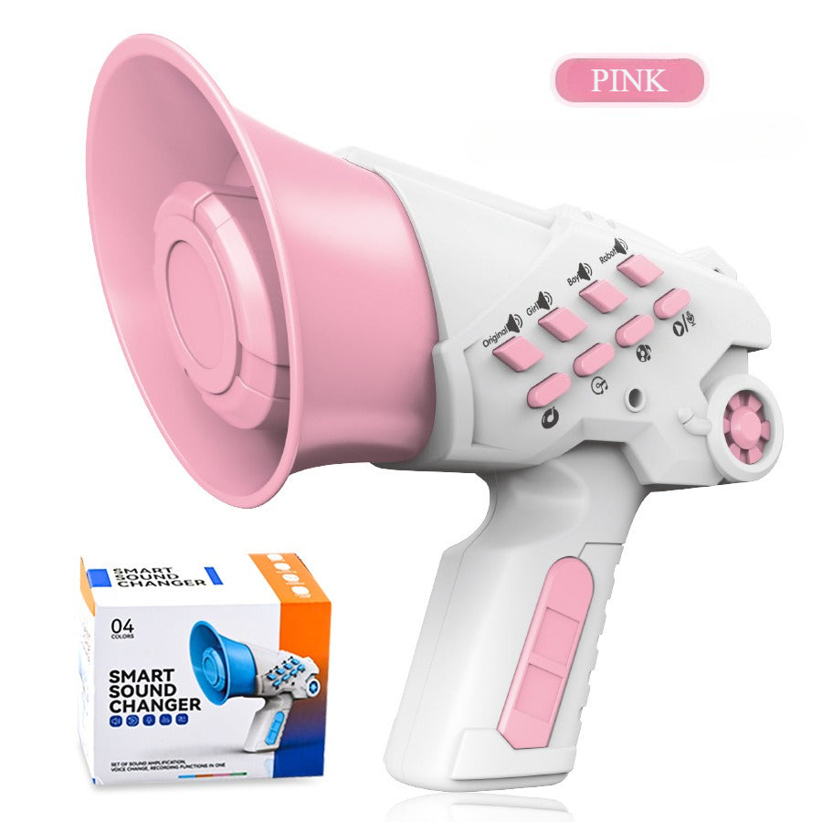 Pink and white megaphone with control buttons on a white background