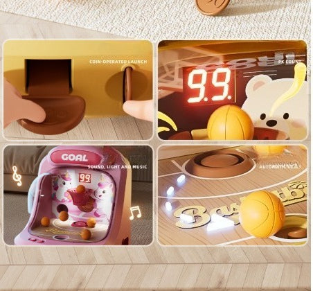 Collage of a coin-operated arcade machine with a bear figure, digital display, and various features.