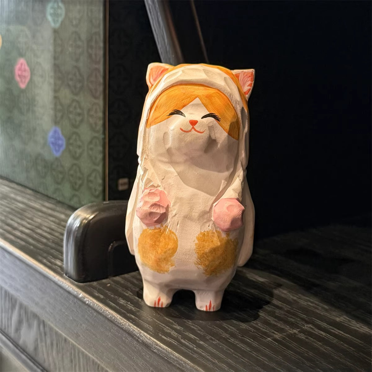 Hand-Carved Wooden Cat Desktop Ornament