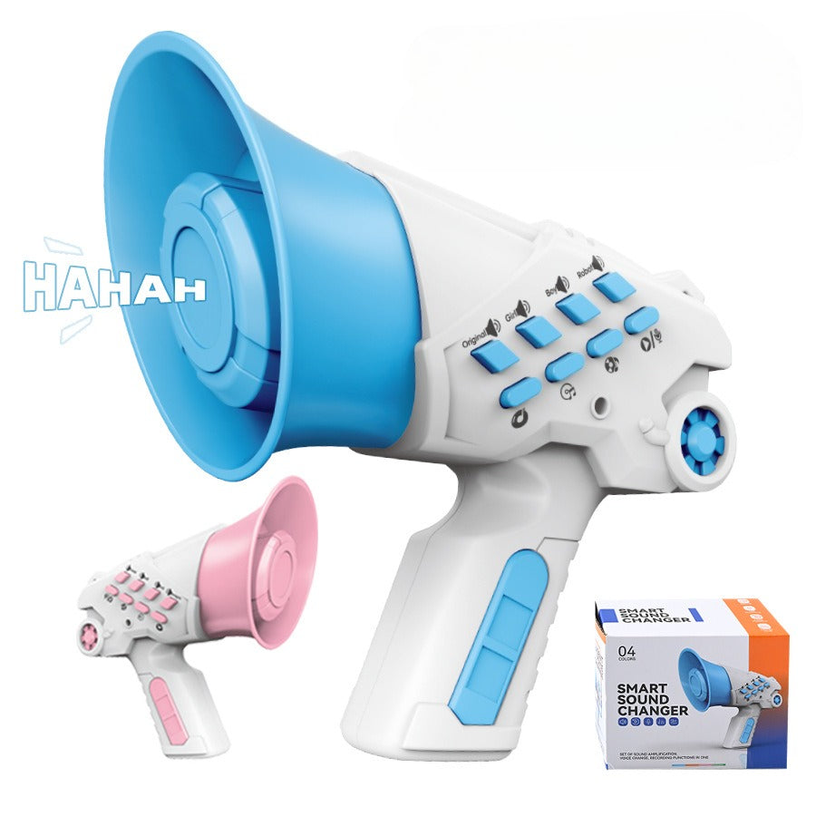 Toy megaphone with blue and white design, featuring a 'HAHAH' sound effect, on a white background.