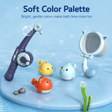 Set of bath toys with a soft color palette on a blue background