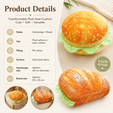 Transformable plush seat cushion shaped like a hamburger and bread on a light background.